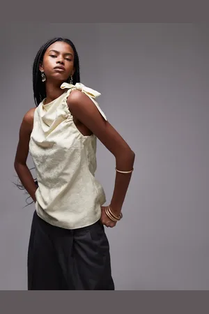 Topshop – Ärmelloses Jacquard-Oberteil in Buttermilchgelb mit geraffter Schulterpartie