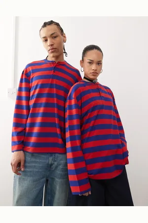 Reclaimed – Langärmliges Unisex-Henleyshirt in Orange und gestreift