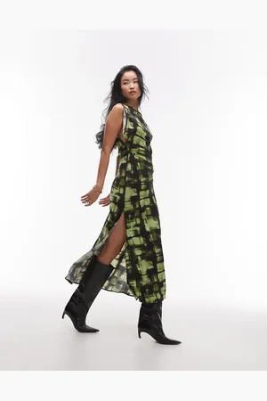 Topshop – Maxikleid mit geschlitzten Ärmeln, geraffter Seite und grünem Karomuster