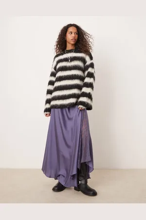 Free People – Midaxi-Rock aus Satin in Reiherblau mit Spitzeneinsatz