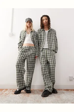 Reclaimed – Grün karierte Unisex-Hose mit weitem Bein, Kombiteil