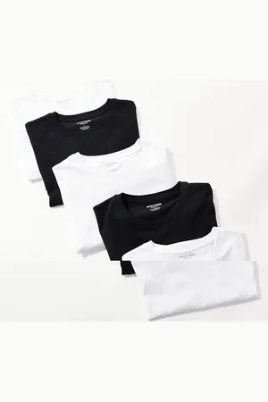 JACK & JONES – 5er-Pack schmale T-Shirts in Weiß, Schwarz und Marineblau