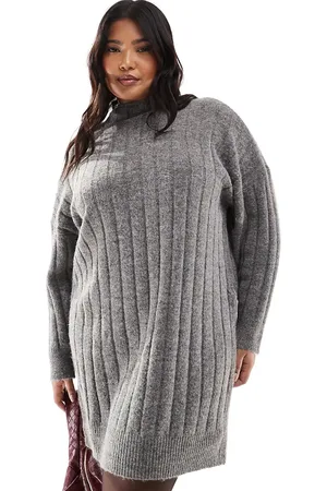 VERO MODA – Geripptes Mini-Strickkleid in Dunkelgrau meliert mit Oversize-Passform