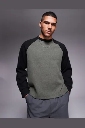ASOS – Boxy Fit Oversize-Shirt in Khaki und Schwarz mit Waffelstruktur und Kontrast-Raglanärmeln