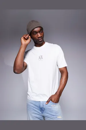 Armani Exchange – T-Shirt in Wollweiß mit mittigem Logo
