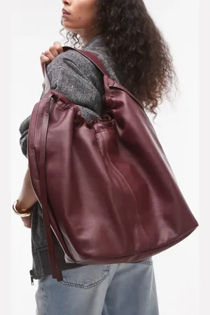 Topshop – Lennox – Leder-Tragetasche in Burgunderrot mit Raffung