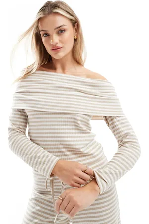 Pieces® – Geripptes, trägerloses Jersey-Oberteil in Beige gestreift, Kombiteil