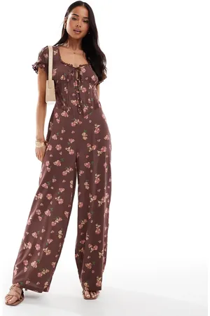 ASOS – Jumpsuit in Malve mit Blumenmuster, gesponnener Spitze und Korsetttaille