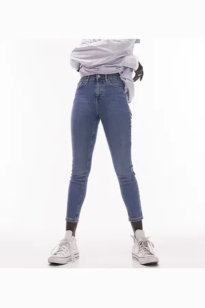 Topshop – Jamie – Eng geschnittene Jeans in Mittelblau mit hohem Bund