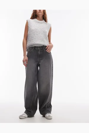 Topshop – Relaxed Fit Jeans in dunklem Vintage- mit niedrigem Bund und Schnallenriemen