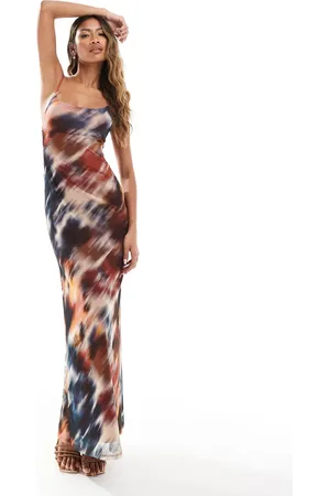 ASOS – Maxi-Trägerkleid aus Netzstoff mit überkreuzter Rückseite und verschwommenem Print in Orange