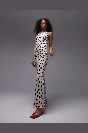 Topshop – Maxikleid mit Punktmuster in Schwarz-Weiß und Neckholder