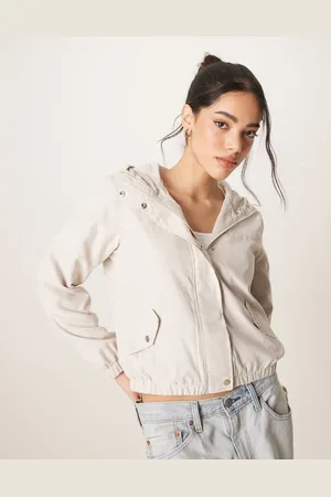 JDY – Leichte Cropped Jacke in Beige mit Kapuze