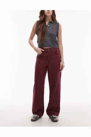 Topshop – Locker geschnittene Straight Jeans in Burgunderrot mit mittelhohem Bund