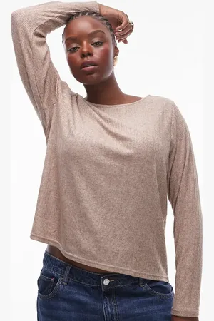 MANGO Curve – Geripptes, langärmliges Oberteil in Beige mit Materialmix