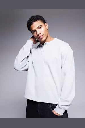 ASOS – Langärmliges, kastiges Oversize-Shirt in Anthrazit mit Henley-Kragen und Waffelstruktur