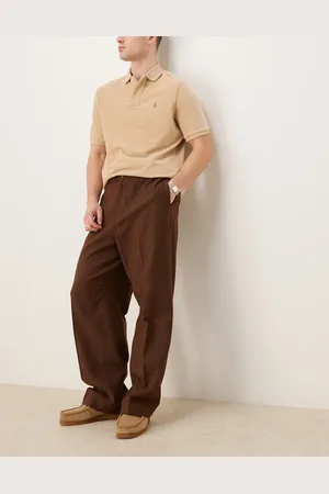 ASOS – Elegante Hose aus Wollmix in Camel mit Nadelstreifen, elastischem Bund und weitem Bein