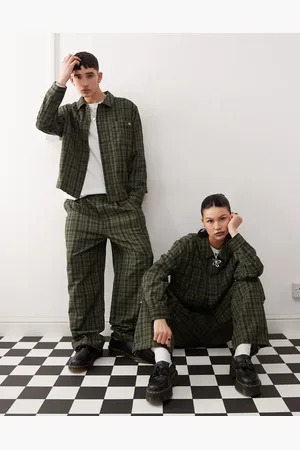 Reclaimed – Unisex-Hose in Grün kariert mit weitem Bein und weißem Streifen