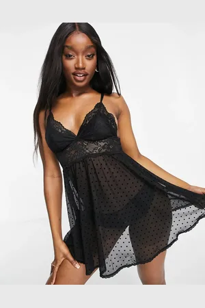 Hunkemöller Hunkemöller – Beatriz – Schwarzes Babydoll aus gepunktetem Netzstoff und Spitze