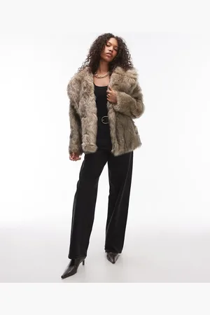 Topshop – Midi-Mantel aus Kunstpelz in Hellbraun