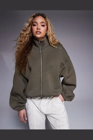 ASOS – Sweatshirt aus khakifarbenem Scuba-Stoff mit durchgehendem Reißverschluss