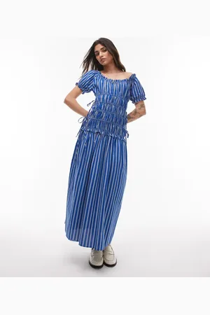 Topshop – Gesmoktes Kleid in gestreift mit kurzen Puffärmeln und seitlichen Bindedetails