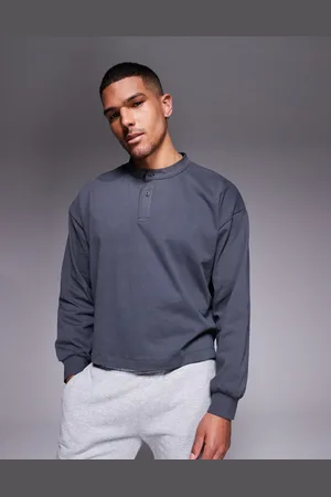 ASOS – Kastiges, langärmliges Henley-Shirt aus schwerem Material in Anthrazit mit Stufensaum und Oversize-Passform