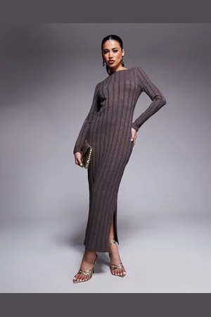 River Island – Langärmliges, geripptes Kleid in Braun