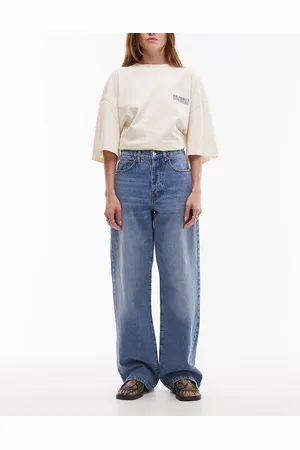 Topshop – Loose Fit Straight Jeans in Mittelblau mit mittelhohem Bund