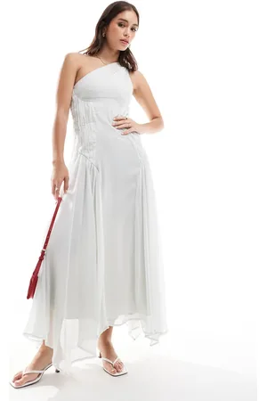 ASOS – Midikleid in Blassgrau mit One-Shoulder-Träger und seitlichen gerafften Einsätzen
