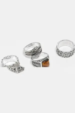 ASOS – 5er-Pack Ringe in polierter Silberoptik mit Krallen- und Kompass-Design