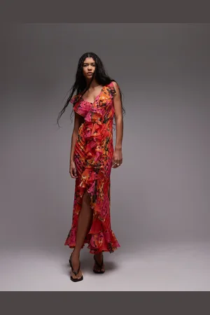 Topshop – Hochwertiges Kleid in Rot und Orange geblümt mit Rüschen und Godet-Details