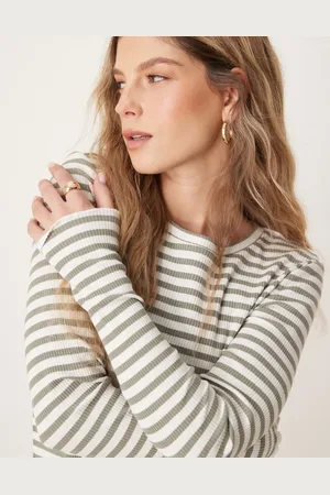 SELECTED Femme – Langärmliges, geripptes Shirt mit Streifenmuster in und Weiß