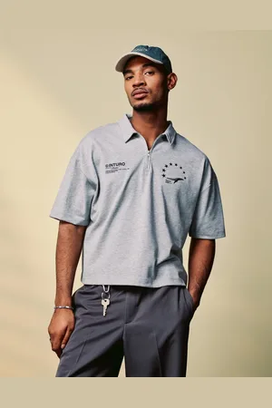ASOS – Kastiges geripptes Oversize-Poloshirt in meliert mit Reißverschluss und Sportgrafik