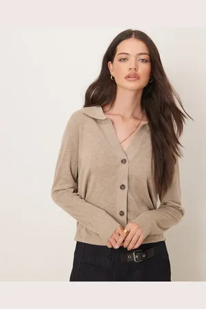 JDY – Strickjacke in Beige mit V-Ausschnitt und Kragen