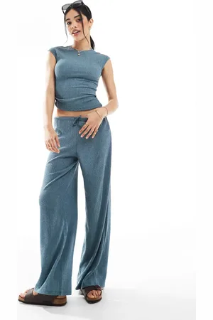 Pull&Bear – Strukturierte Hose in Blaugrün mit weitem Bein, Kombiteil