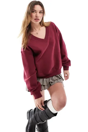 Bershka – Sweatshirt in Burgunderrot mit V-Ausschnitt