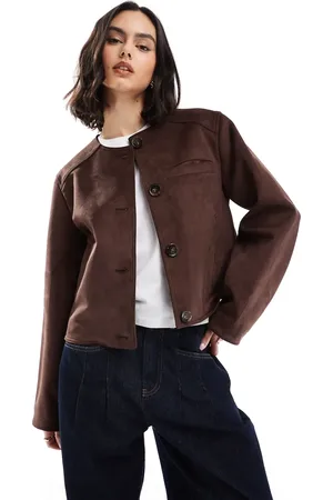 ASOS – Jacke aus Wildlederimitat in Schokobraun ohne Kragen