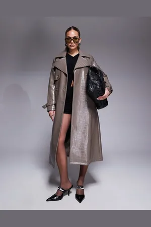 River Island – Trenchcoat aus Kunstleder in dunklem Steingrau mit Kroko-Optik