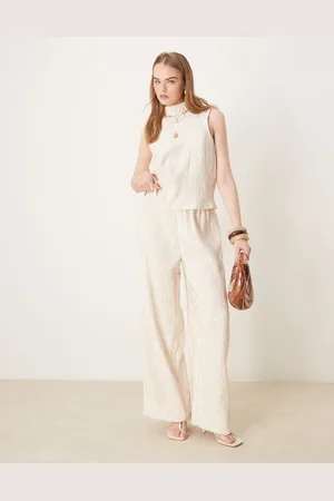 Y.A.S – Hose in schimmerndem Sandshell-Beige mit Knitteroptik und weitem Schnitt, Kombiteil
