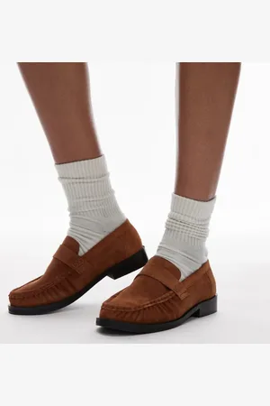 Topshop – Carey – Loafer aus Wildleder in Hellbraun mit gerafftem Detail