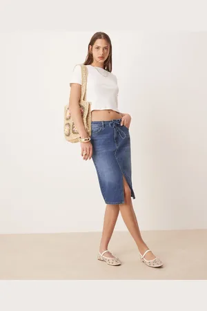 JDY – Denim-Bleistiftrock in Mittelblau mit tiefer Taille