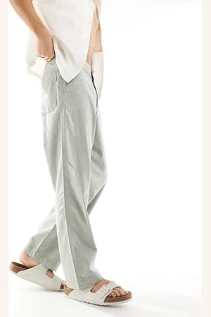 Hollister – Baggy Leinenhose in strukturiertem Khaki mit Stretch-Taillenbund