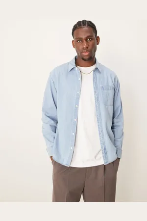 Abercrombie & Fitch – Langärmliges cropped Western-Jeanshemd in blauer Waschung