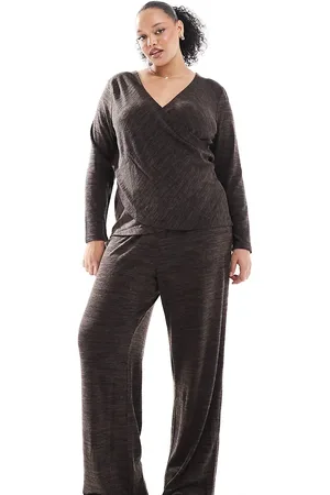 VERO MODA – Weit geschnittene Jersey-Hose in meliertem Schokobraun, Kombiteil