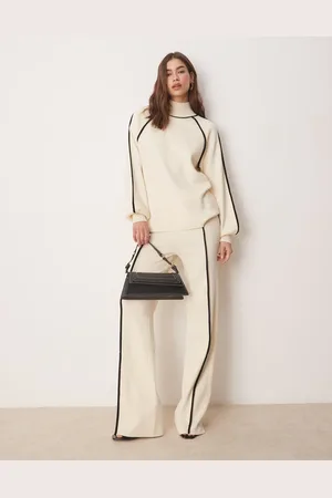 Y.A.S – Strickhose in Creme mit Kontrastnähten in Schwarz und hohem Bund, Kombiteil