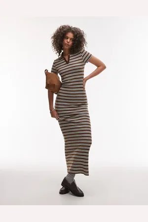 Topshop – Maxi-Polokleid in Schokobraun mit Streifen
