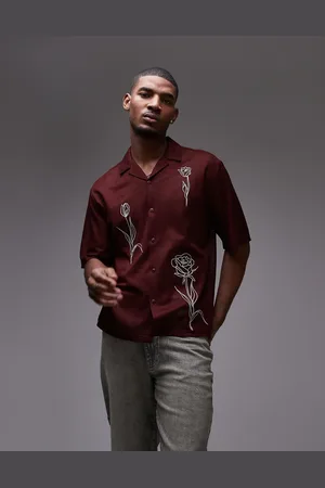 Topman – Hemd in Burgunderrot mit Blumenstickerei