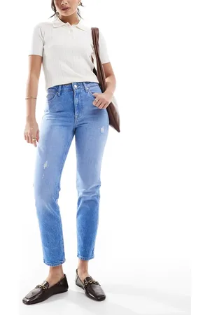ONLY – Emily – Gerade geschnittene Jeans in Hellblau mit hohem Bund und leichten Used-Details
