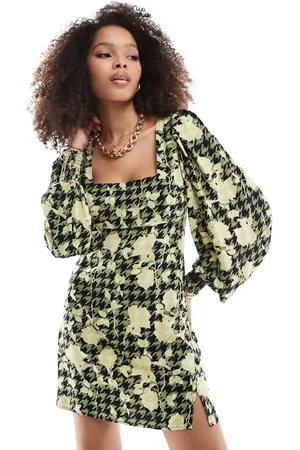ASOS – Minikleid mit grün-gelbem Blumenmuster, eckigem Ausschnitt und Blouson-Ärmeln